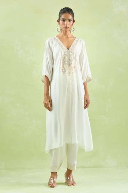 Shop_Kanika Sharma_White Modal Embroidery Floral Asymmetric Kurta Set For Kids_Online_at_Aza_Fashions