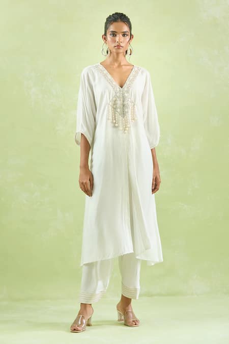 Kanika Sharma_White Modal Embroidery Floral Asymmetric Kurta Set For Kids_at_Aza_Fashions