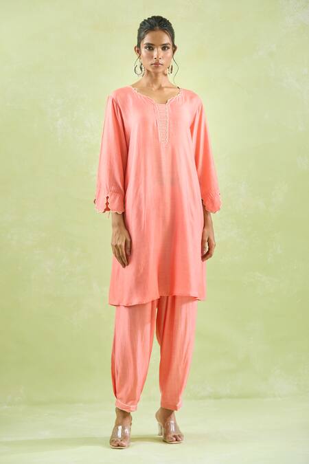 Shop_Kanika Sharma_Coral Modal Embroidery Scallop Kurta Set _Online_at_Aza_Fashions