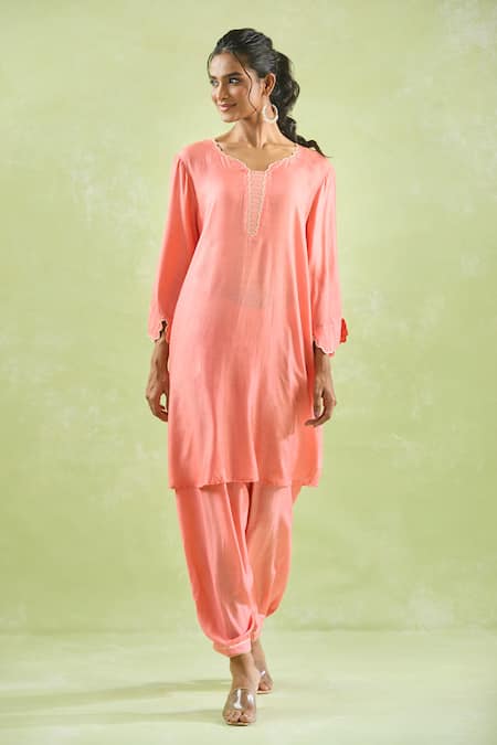 Buy_Kanika Sharma_Coral Modal Embroidery Scallop Kurta Set 