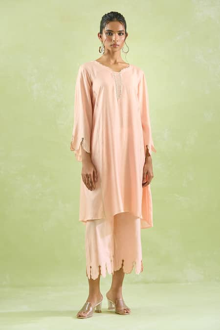 Shop_Kanika Sharma_Peach Modal Embroidery Scallop Kurta Set For Kids_Online_at_Aza_Fashions