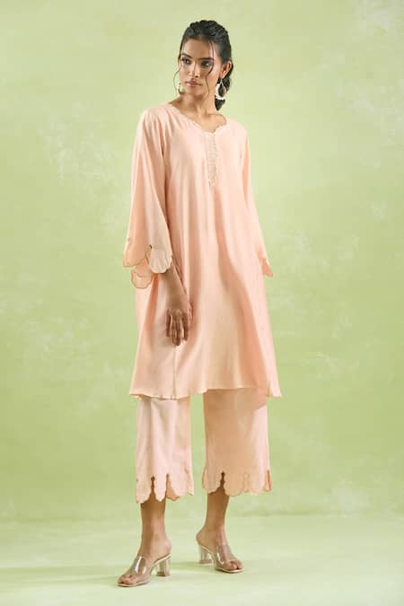 Kanika Sharma_Peach Modal Embroidery Scallop Kurta Set For Kids_at_Aza_Fashions