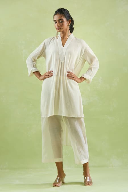 Shop_Kanika Sharma_White Cotton, Modal Embroidery Thread Kurta Set For Kids_Online_at_Aza_Fashions