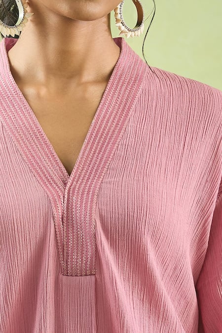 Buy_Kanika Sharma_Pink Cotton, Modal Embroidery Thread High Low Hem Kurta Set For Kids_Online_at_Aza_Fashions