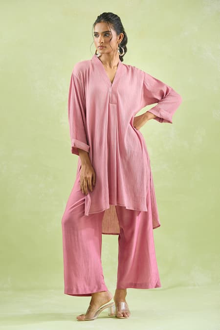 Kanika Sharma_Pink Cotton, Modal Embroidery Thread High Low Hem Kurta Set For Kids_at_Aza_Fashions