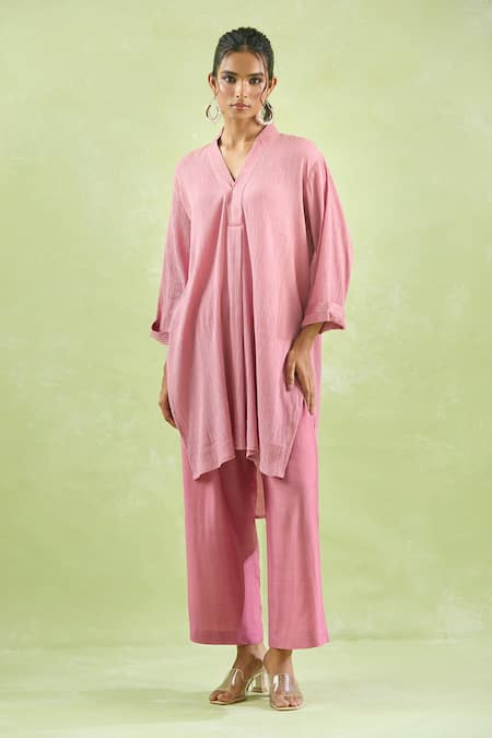 Buy_Kanika Sharma_Pink Cotton, Modal Embroidery Thread High Low Hem Kurta Set For Kids