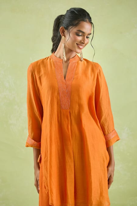 Buy_Kanika Sharma_Orange Chanderi Silk, Modal Embroidery Thread Kurta And Pant Set _Online_at_Aza_Fashions