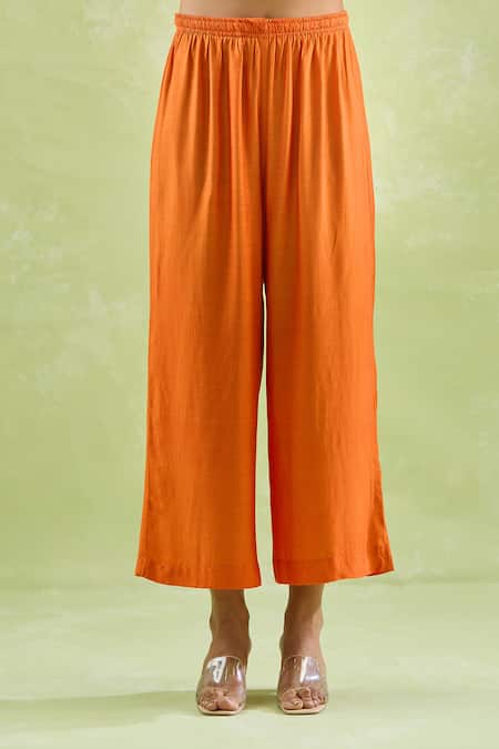 Shop_Kanika Sharma_Orange Chanderi Silk, Modal Embroidery Thread Kurta And Pant Set _Online_at_Aza_Fashions