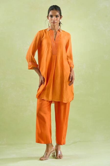 Kanika Sharma_Orange Chanderi Silk, Modal Embroidery Thread Kurta And Pant Set _at_Aza_Fashions