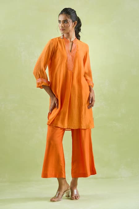 Buy_Kanika Sharma_Orange Chanderi Silk, Modal Embroidery Thread Kurta And Pant Set 