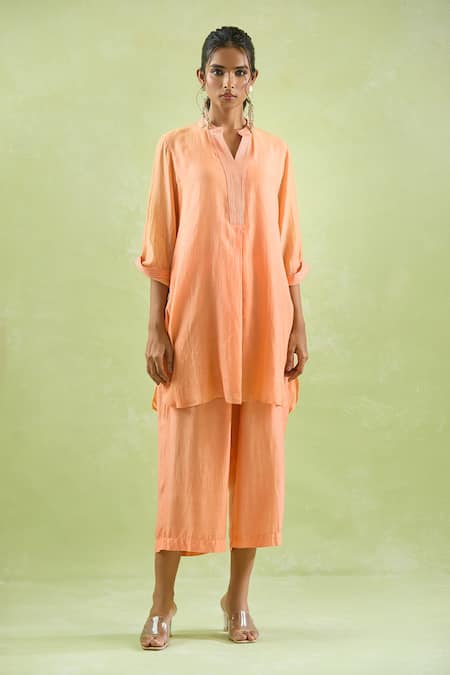 Kanika Sharma_Peach Chanderi Silk, Modal Embroidery Thread Kurta Set _at_Aza_Fashions