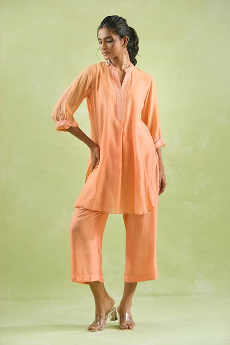 Buy_Kanika Sharma_Peach Chanderi Silk, Modal Embroidery Thread Kurta Set 