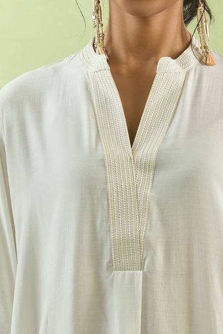 Shop_Kanika Sharma_White Chanderi Silk, Modal Embroidery Thread Kurta And Pant Set _Online_at_Aza_Fashions