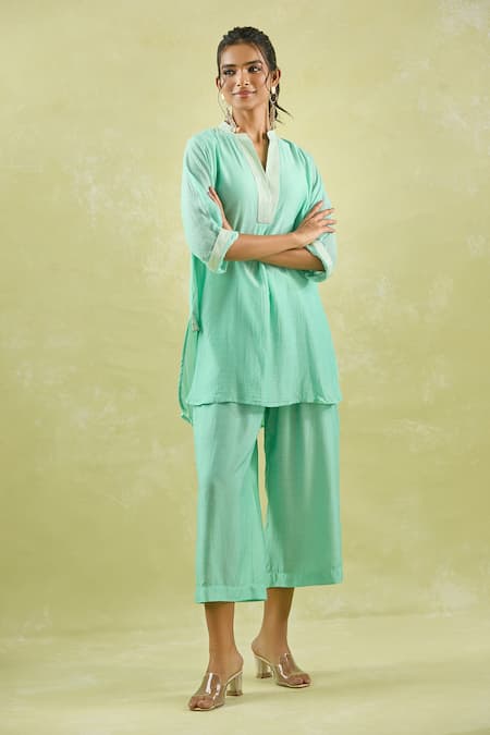Shop_Kanika Sharma_Aqua Chanderi Silk, Modal Embroidery Kurta Set For Kids_Online_at_Aza_Fashions