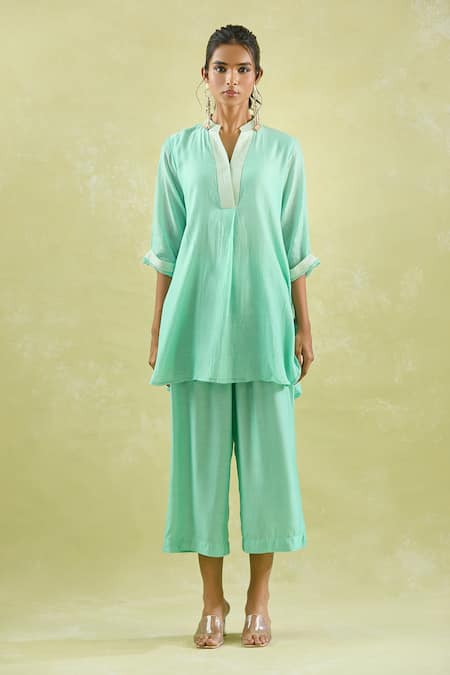 Kanika Sharma_Aqua Chanderi Silk, Modal Embroidery Kurta Set For Kids_at_Aza_Fashions