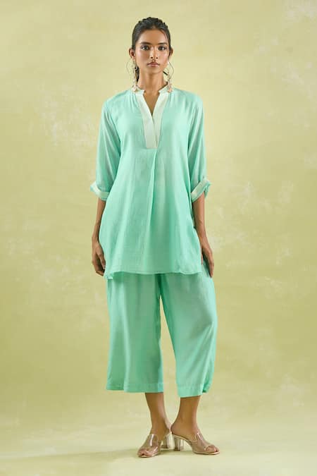 Buy_Kanika Sharma_Aqua Chanderi Silk, Modal Embroidery Kurta Set For Kids