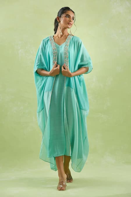 Buy_Kanika Sharma_Aqua Modal Embroidery Floral Dabka Cape And Tunic Set For Kids_Online_at_Aza_Fashions
