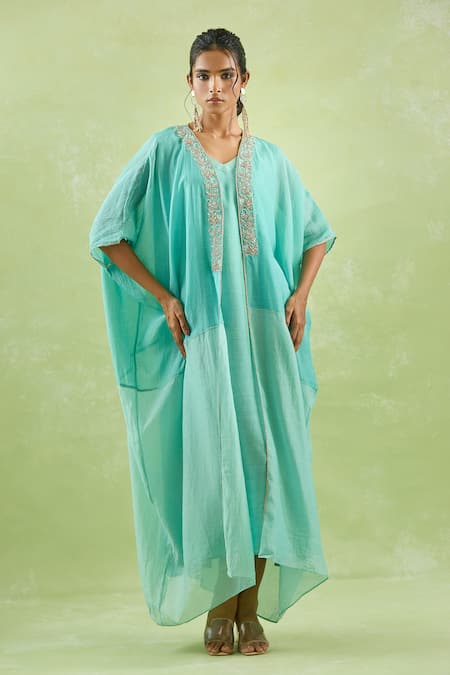 Shop_Kanika Sharma_Aqua Modal Embroidery Floral Dabka Cape And Tunic Set For Kids_Online_at_Aza_Fashions