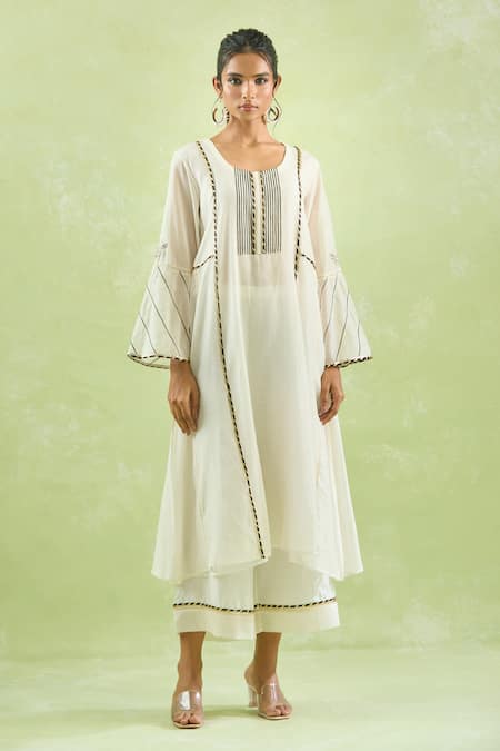 Buy_Kanika Sharma_White Chanderi Silk, Cotton, Kota Doria Patti, Leheriya Kurta And Pant Set For Kids