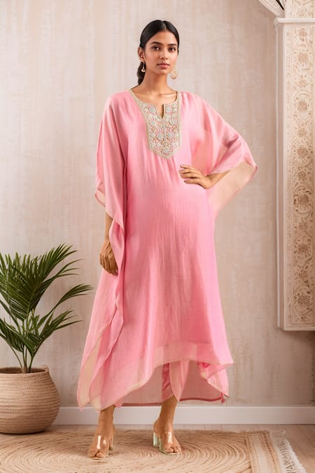 Kanika Sharma Pink Kaftan Chanderi Silk Embroidery Floral Beads Asymmetric And Dhoti Pant Set 