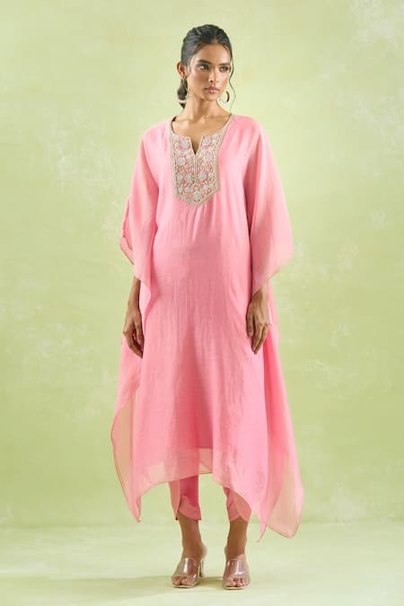 Buy_Kanika Sharma_Pink Chanderi Silk, Crepe Beads, Floral Embroidered Kaftan And Dhoti Pant Set _Online_at_Aza_Fashions