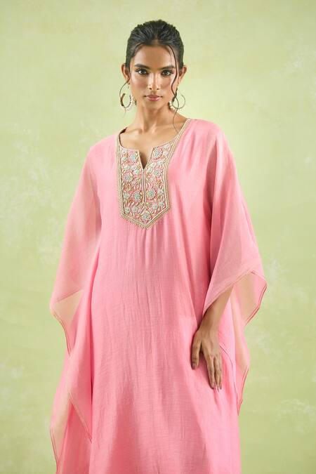 Shop_Kanika Sharma_Pink Chanderi Silk, Crepe Beads, Floral Embroidered Kaftan And Dhoti Pant Set _Online_at_Aza_Fashions