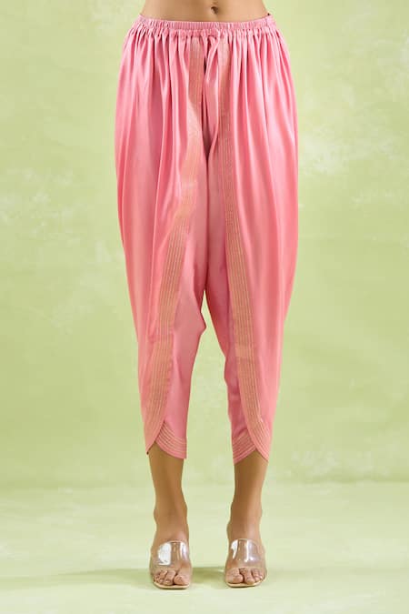 Kanika Sharma_Pink Chanderi Silk, Crepe Beads, Floral Embroidered Kaftan And Dhoti Pant Set _at_Aza_Fashions