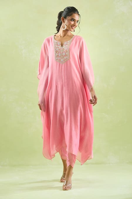 Buy_Kanika Sharma_Pink Chanderi Silk, Crepe Beads, Floral Embroidered Kaftan And Dhoti Pant Set 