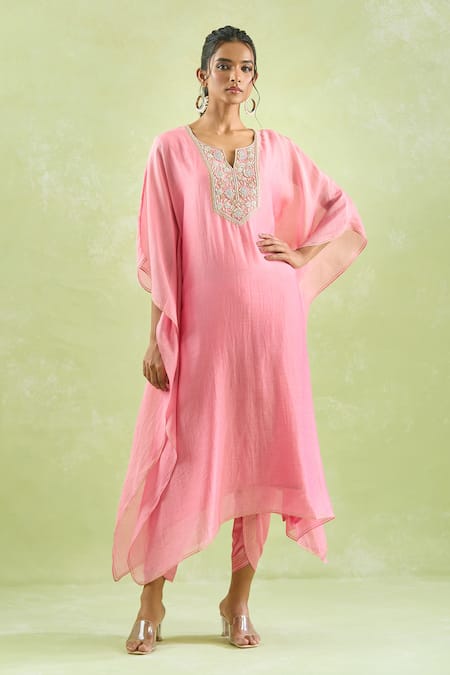 Shop_Kanika Sharma_Pink Chanderi Silk, Crepe Beads, Floral Embroidered Kaftan And Dhoti Pant Set 