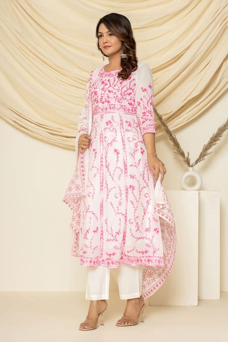 Shop_Pheeta_White Mulmul Embroidery Floral Round Aari Anarkali And Pant Set _Online_at_Aza_Fashions