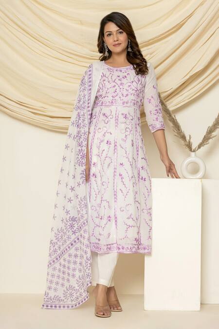 Buy_Pheeta_White Mulmul Embroidery Floral Round Thread Anarkali And Pant Set _Online_at_Aza_Fashions