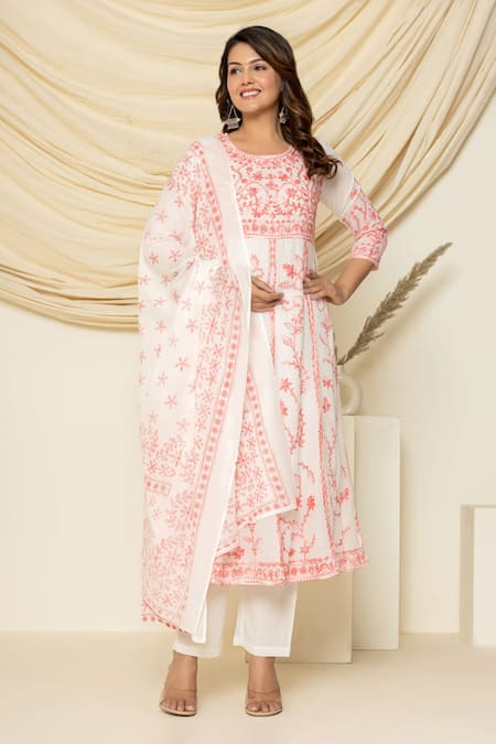 Pheeta Floral Thread Embroidered Kalidar Anarkali & Pant Set 