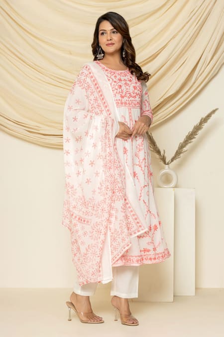 Buy_Pheeta_White Mulmul Embroidery Floral Round Thread Kalidar Anarkali And Pant Set_Online_at_Aza_Fashions