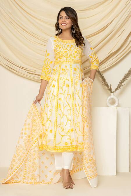 Buy_Pheeta_White Cotton Embroidery Round Neck Floral Aari Kalidar Anarkali And Pant Set_Online_at_Aza_Fashions