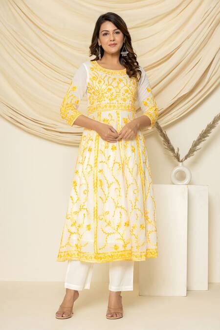Shop_Pheeta_White Cotton Embroidery Round Neck Floral Aari Kalidar Anarkali And Pant Set_Online_at_Aza_Fashions