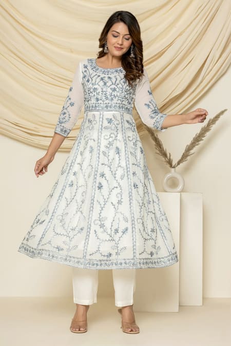 Pheeta_White Cotton, Muslin, Chiffon Embroidery Round Aari Kalidar Anarkali And Pant Set _Online_at_Aza_Fashions