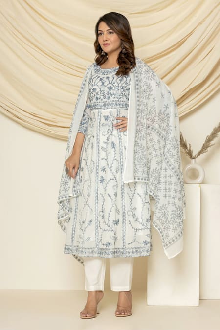 Shop_Pheeta_White Cotton, Muslin, Chiffon Embroidery Round Aari Kalidar Anarkali And Pant Set _Online_at_Aza_Fashions