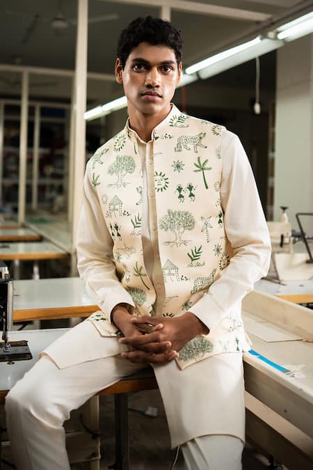 Shop_Project Bandi_White Linen Satin Printed Tropical Kantha Stitch Bundi _at_Aza_Fashions