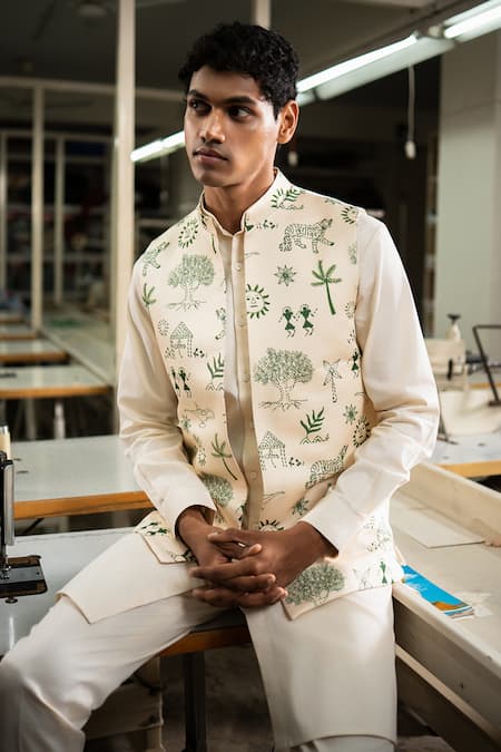 Project Bandi_White Linen Satin Printed Tropical Kantha Stitch Bundi _Online_at_Aza_Fashions