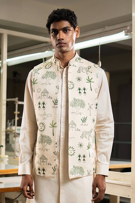 Project Bandi_White Bundi Linen Satin Printed Tropical And Kurta Set _Online_at_Aza_Fashions