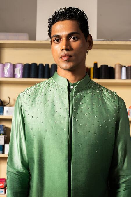 Shop Project Bandi Green Linen Satin Embroidery Bead Ombre Bundi at Aza Fashions Shop_Project Bandi_Green Linen Satin Embroidery Bead Ombre Bundi_at_Aza_Fashions