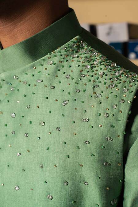 Project Bandi Green Linen Satin Embroidery Bead Ombre Bundi Online at Aza Fashions Project Bandi_Green Linen Satin Embroidery Bead Ombre Bundi_Online_at_Aza_Fashions