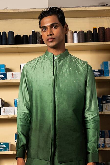 Project Bandi_Green Linen, Satin Beads, Crystals, Stones Ombre Embroidered Bundi And Kurta Set_Online_at_Aza_Fashions