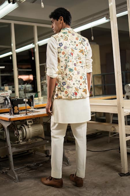 Shop_Project Bandi_Ivory Linen Satin Printed Chintz Floral Bundi _at_Aza_Fashions