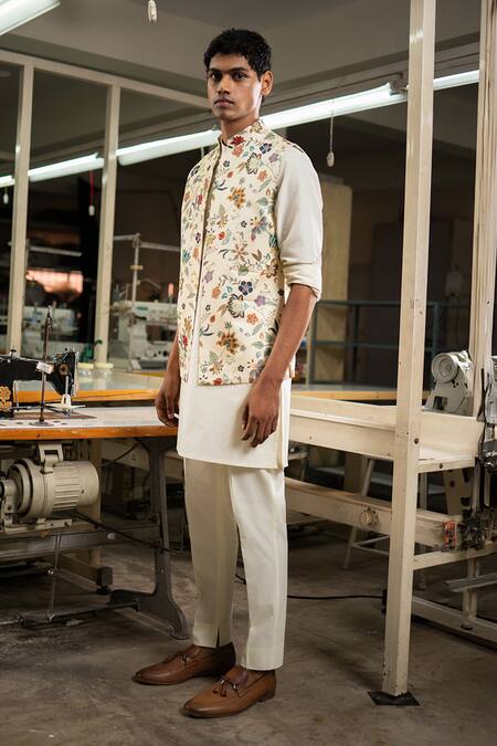 Shop Project Bandi Ivory Bundi Linen Satin Printed Chintz Floral And Kurta Set Online at Aza Fashions Shop_Project Bandi_Ivory Bundi Linen Satin Printed Chintz Floral And Kurta Set_Online_at_Aza_Fashions