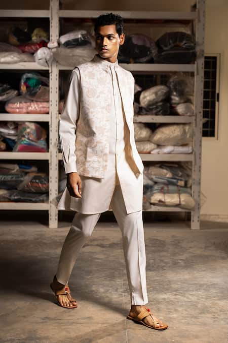 Shop_Project Bandi_Cream Cotton Satin Printed Floral Bundi _at_Aza_Fashions