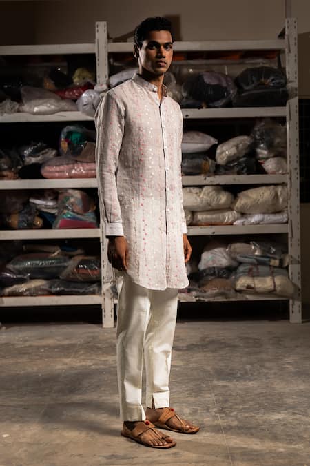 Shop Project Bandi Grey Linen, Cotton Embroidery Moksh Floral Stripe Kurta Set at Aza Fashions Shop_Project Bandi_Grey Linen, Cotton Embroidery Moksh Floral Stripe Kurta Set_at_Aza_Fashions