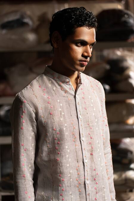 Buy Project Bandi Grey Linen, Cotton Embroidery Moksh Floral Stripe Kurta Set Online at Aza Fashions Buy_Project Bandi_Grey Linen, Cotton Embroidery Moksh Floral Stripe Kurta Set_Online_at_Aza_Fashions