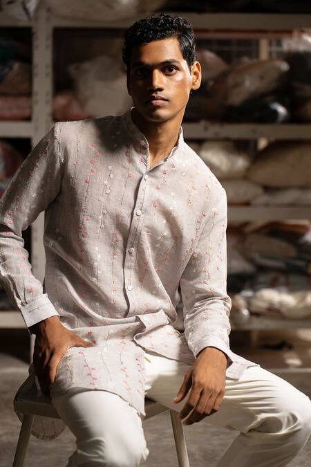 Shop Project Bandi Grey Linen, Cotton Embroidery Moksh Floral Stripe Kurta Set Online at Aza Fashions Shop_Project Bandi_Grey Linen, Cotton Embroidery Moksh Floral Stripe Kurta Set_Online_at_Aza_Fashions