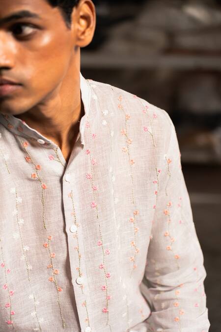 Project Bandi Grey Linen, Cotton Embroidery Moksh Floral Stripe Kurta Set at Aza Fashions Project Bandi_Grey Linen, Cotton Embroidery Moksh Floral Stripe Kurta Set_at_Aza_Fashions